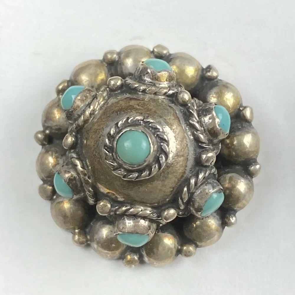 Vintage Native Sterling Silver Turquoise Petit Point‎ Round Dome Post Earrings